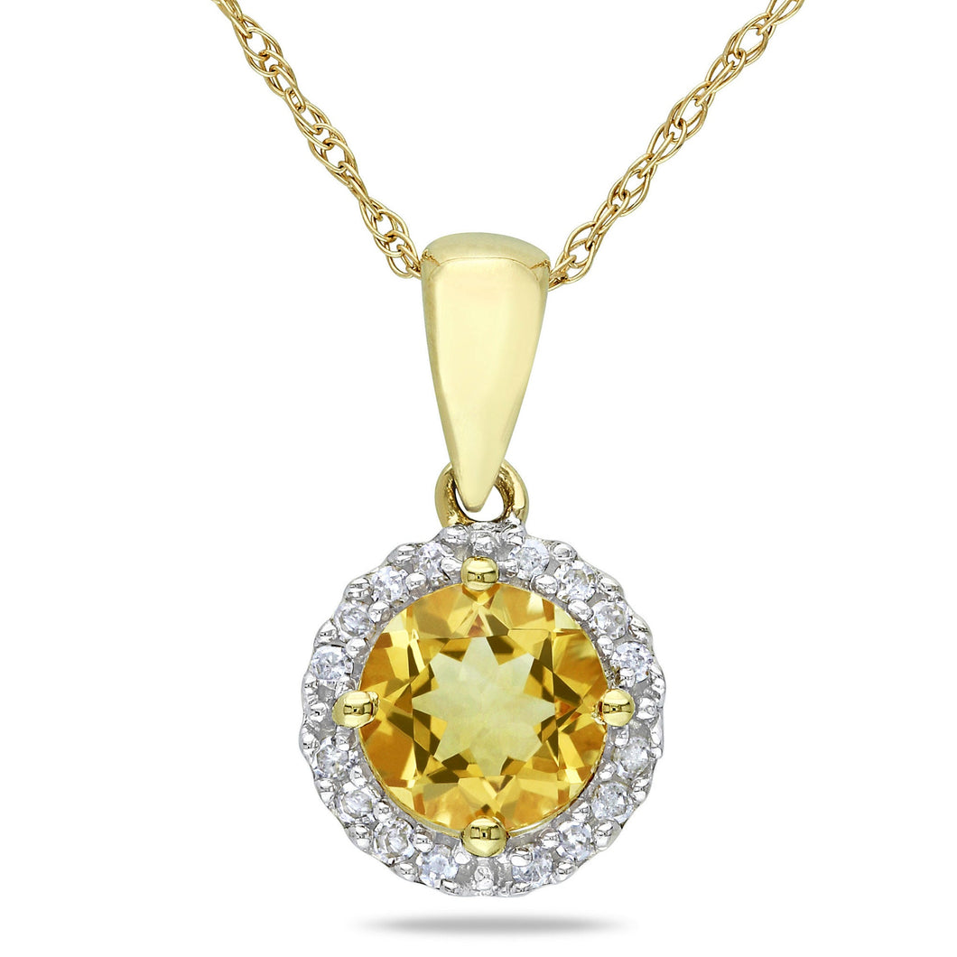 Citrine and 1/10ctw Diamond Halo Yellow Gold Pendant Necklace