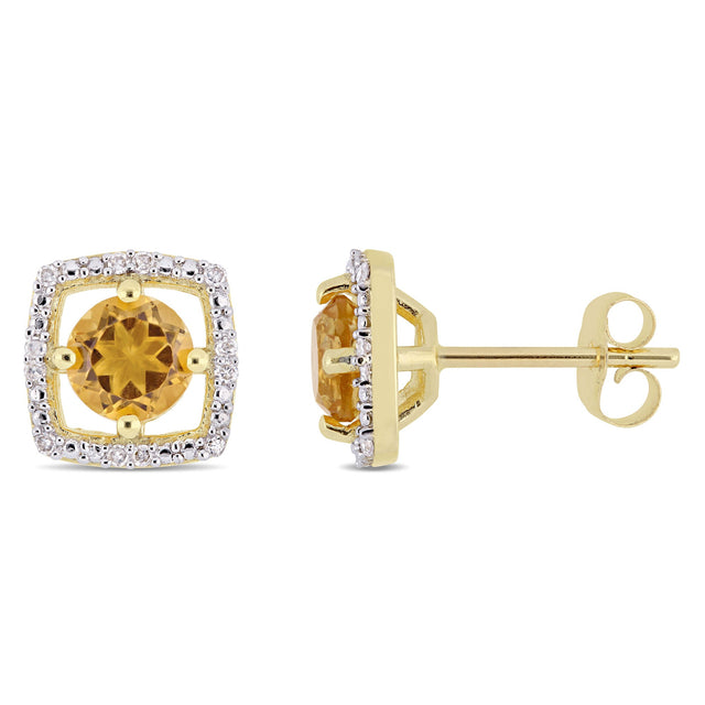 Citrine and 1/10ctw Diamond Halo Yellow Gold Stud Earrings