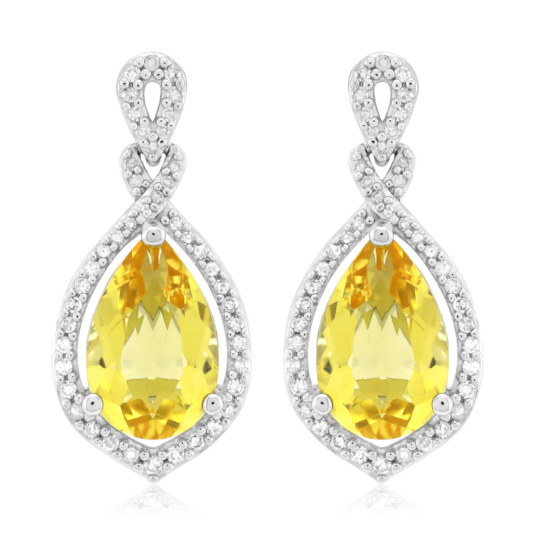 Citrine and 1/3ctw Diamond Sterling Silver Drop Earrings