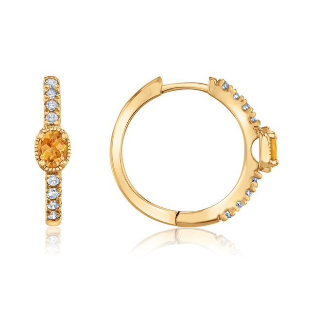 Citrine and 1/6ctw Diamond Yellow Gold Huggie Hoop Earrings