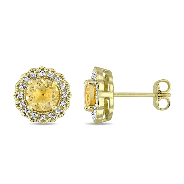 Citrine and Diamond Halo Gold Tone Stud Earrings 1/10ctw