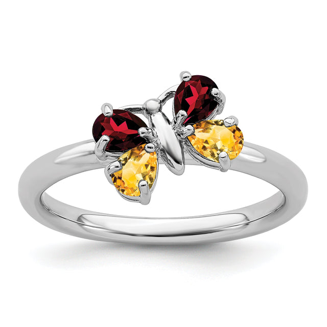 Citrine and Garnet Butterfly Sterling Silver Stackable Ring | Size 10