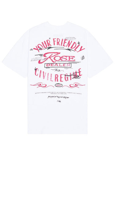 Civil Regime Rose Dealer American Classic Oversized Tee in White - Civil Regime Rose Dealer - T-shirt surdimensionné classique américain en blanc - Civil Regime Rose Dealer 美国经典白色超大 T 恤 - Civil Regime Rose Dealer American Classic Übergroßes T-Shirt in Weiß - Civil Regime Rose Dealer 아메리칸 클래식 오버사이즈 티셔츠 화이트 색상 - T-shirt oversize classica americana di Civil Regime Rose Dealer in bianco