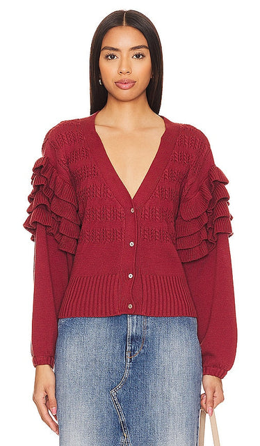 Cleobella Bess Ruffle Cardigan in Rust - Cardigan à volants Cleobella Bess en rouille - Cleobella Bess 铁锈色荷叶边开衫 - Cleobella Bess Rüschen-Cardigan in Rost - Cleobella Bess 러플 카디건 - Cardigan con volant Cleobella Bess color ruggine