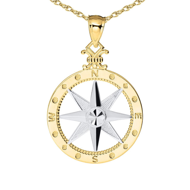 Compass Two-Tone Sterling Silver and Yellow Gold Pendant Necklace