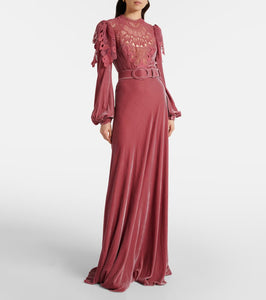 Costarellos Ashley lace-trimmed velvet gown