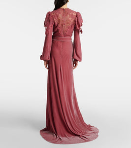 Costarellos Ashley lace-trimmed velvet gown