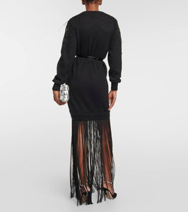 Costarellos Feather, crochet and fringe dress
