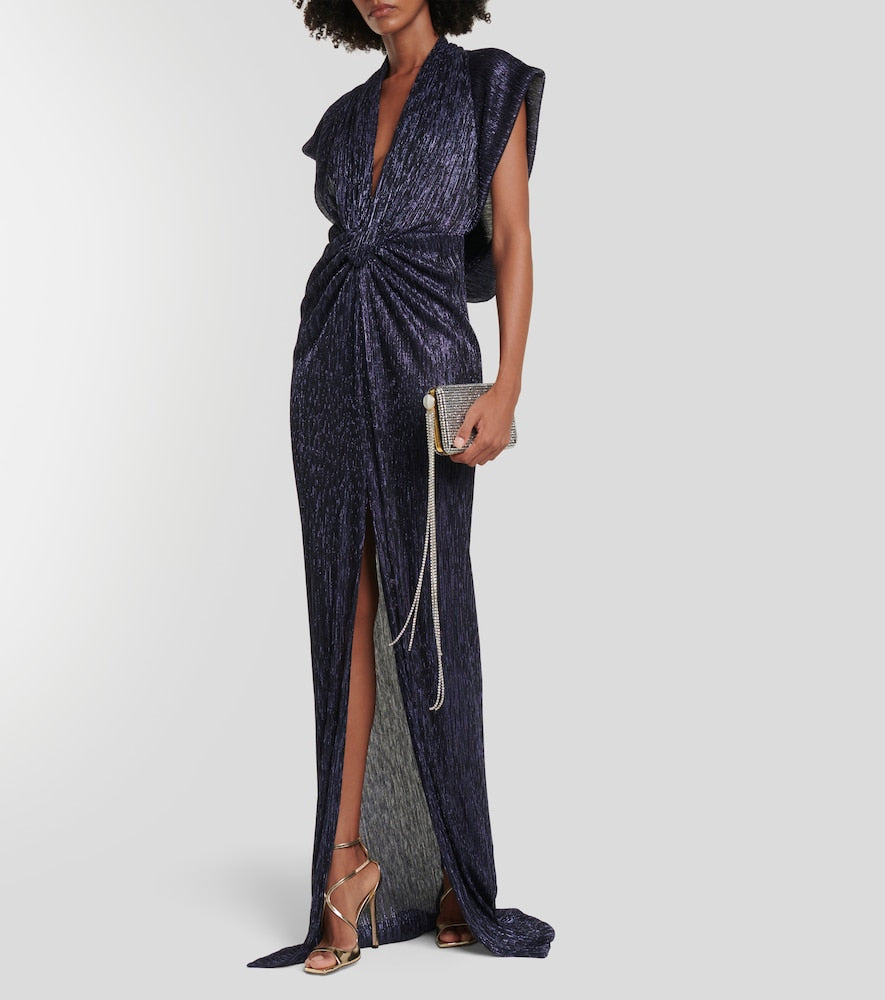 Costarellos Gathered metallic pliss√É¬© gown