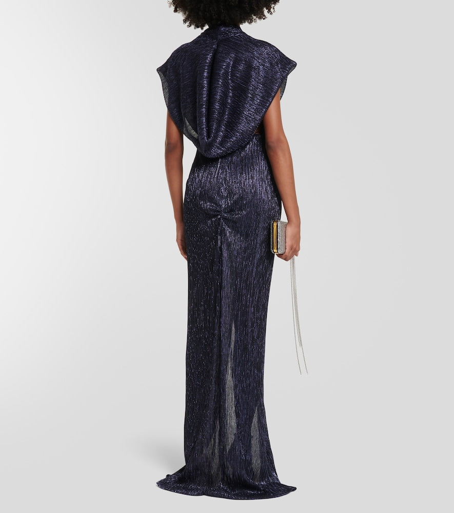 Costarellos Gathered metallic pliss√É¬© gown