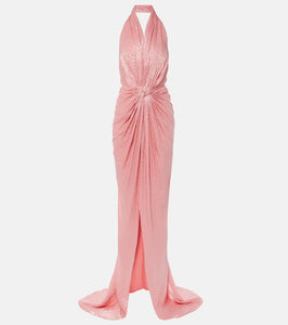 Costarellos Joa draped metallic georgette gown
