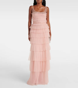 Costarellos Kali embellished pliss√É¬© tiered gown