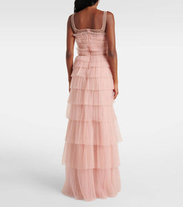 Costarellos Kali embellished pliss√É¬© tiered gown