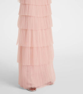 Costarellos Kali embellished pliss√É¬© tiered gown