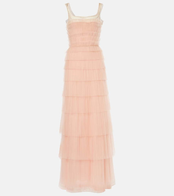 Costarellos Kali embellished pliss√É¬© tiered gown