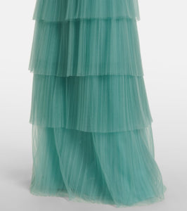 Costarellos Kali embellished tulle-trimmed pliss√É¬© gown