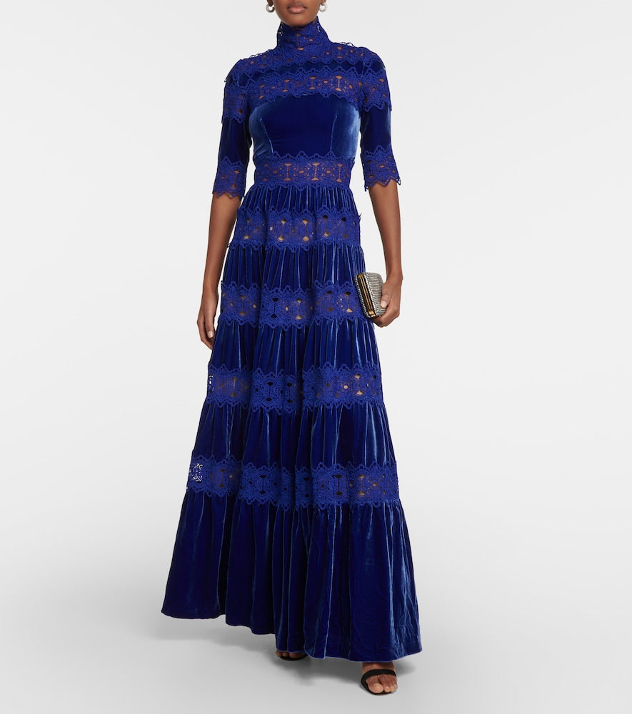 Costarellos Lissie lace and velvet gown