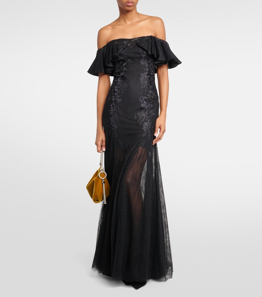 Costarellos Ruffled lace and tulle gown