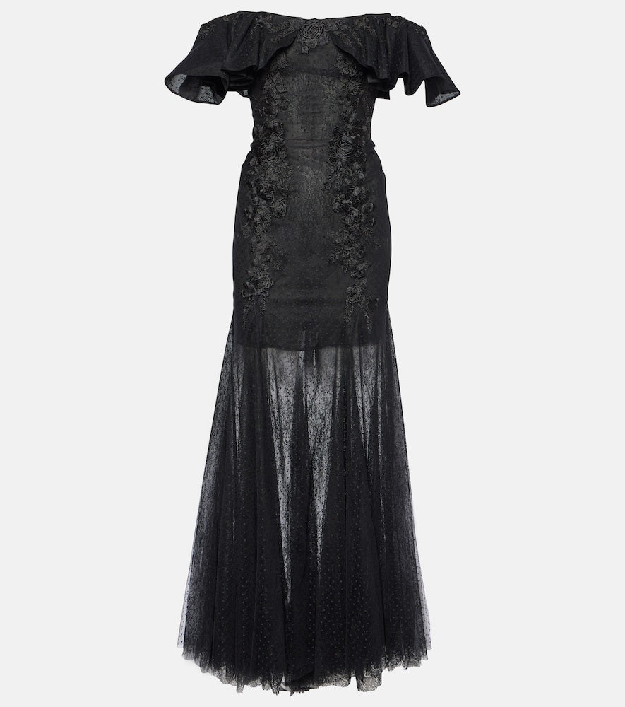 Costarellos Ruffled lace and tulle gown. Costarellos 褶边蕾丝薄纱礼服