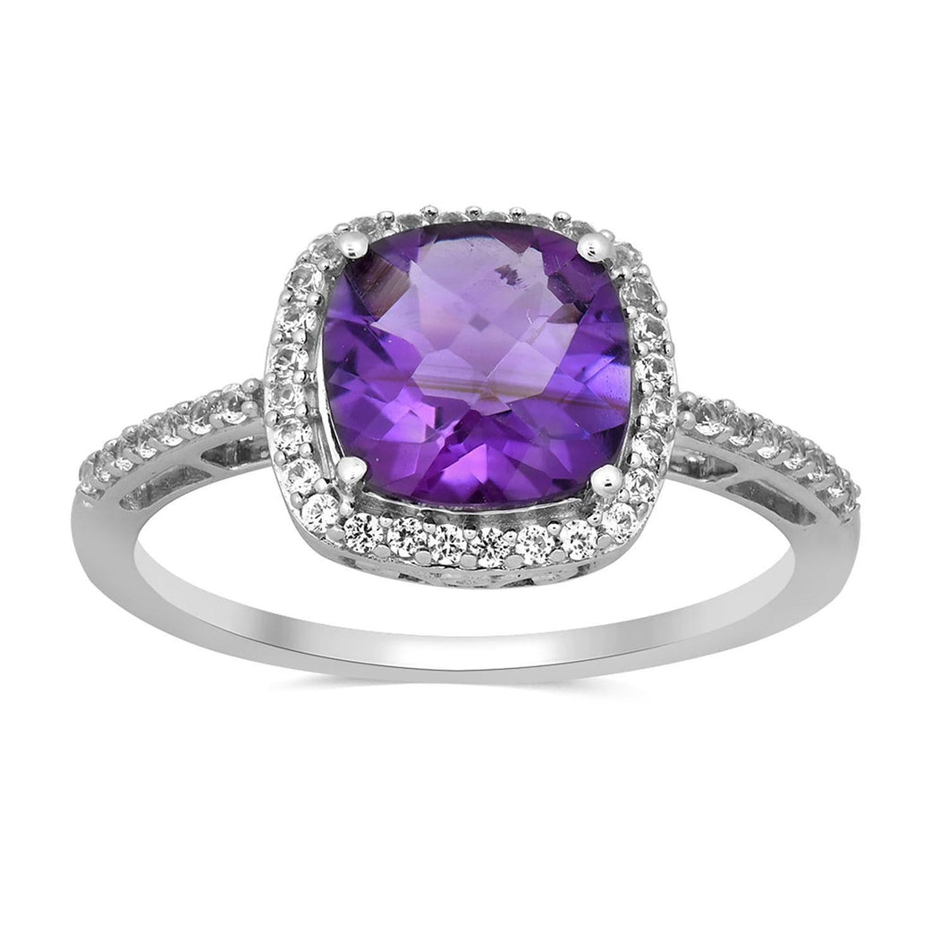 Created Amethyst and White Sapphire Halo Ring
