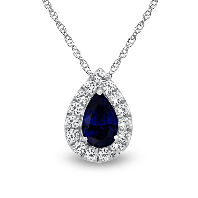 Created Blue Sapphire and Created White Sapphire Halo Pendant Necklace