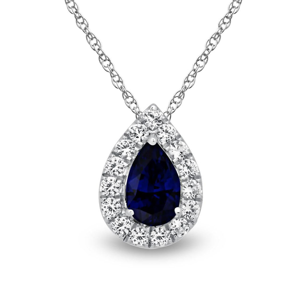 Created Blue Sapphire and Created White Sapphire Halo Pendant Necklace