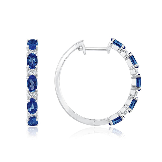 Created Ceylon Sapphire and Created White Sapphire Hoop Earrings