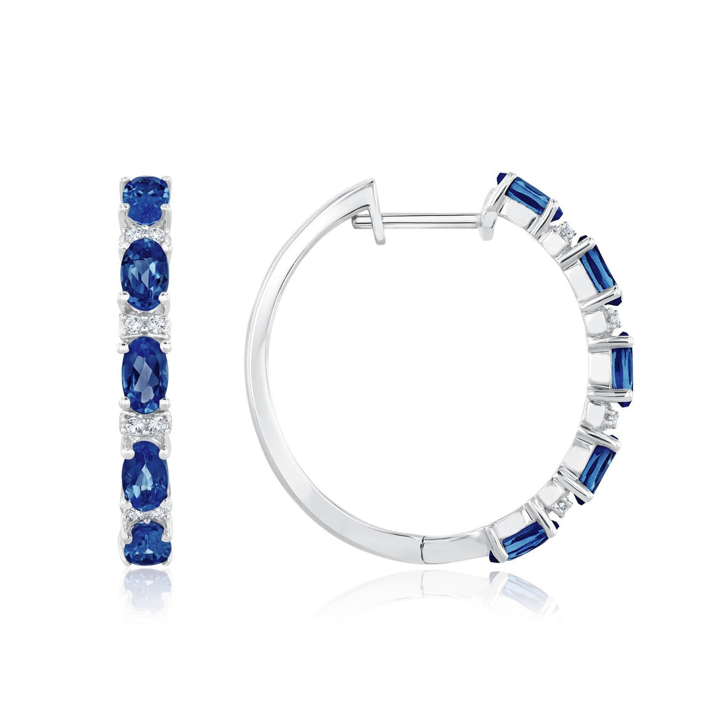 Created Ceylon Sapphire and Created White Sapphire Hoop Earrings