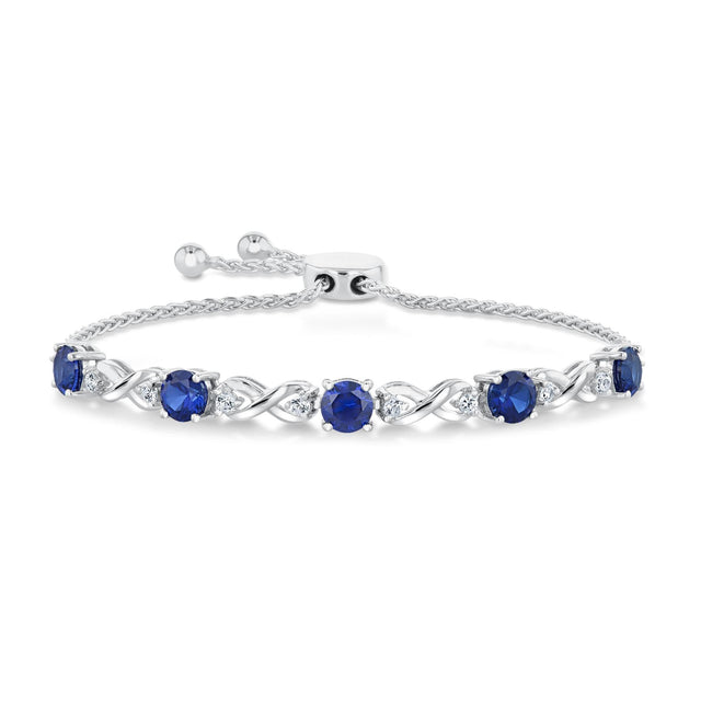 Created Ceylon Sapphire and Created White Sapphire Sterling Silver Bolo Bracelet