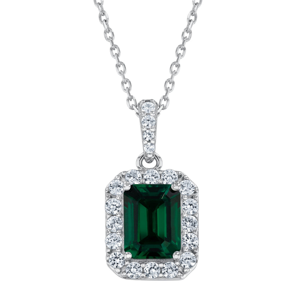 Created Emerald and Created White Sapphire Sterling Silver Pendant Necklace