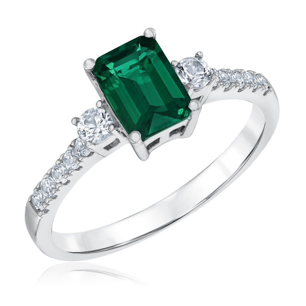 Created Emerald and Created White Sapphire Sterling Silver Ring