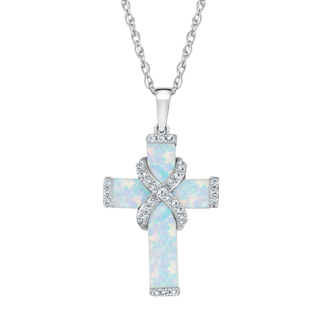 Created Opal and Created White Sapphire Cross Sterling Silver Pendant Necklace