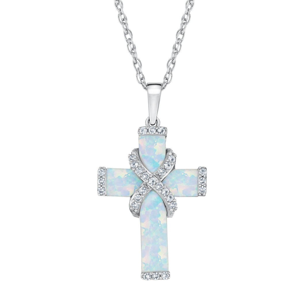 Created Opal and Created White Sapphire Cross Sterling Silver Pendant Necklace
