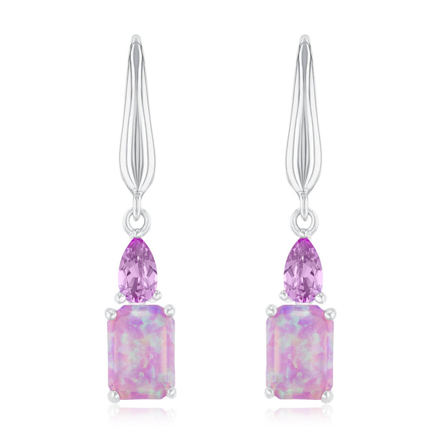 Created Pink Opal and Created Pink Sapphire Sterling Silver Earrings