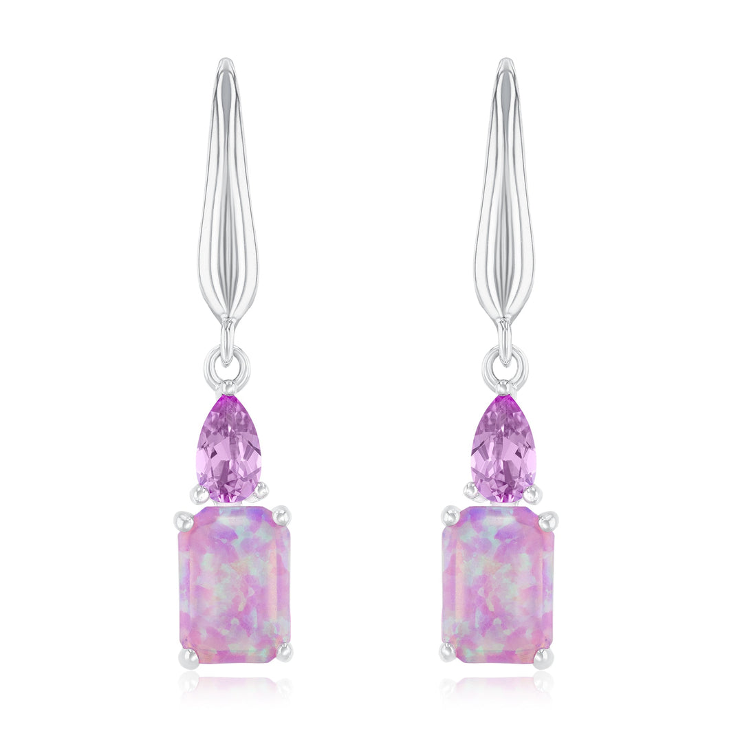 Created Pink Opal and Created Pink Sapphire Sterling Silver Earrings