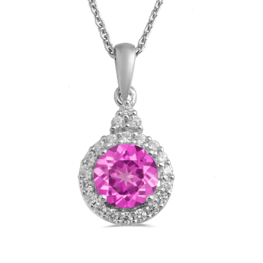 Created Pink Sapphire and Created White Sapphire Halo Pendant Necklace