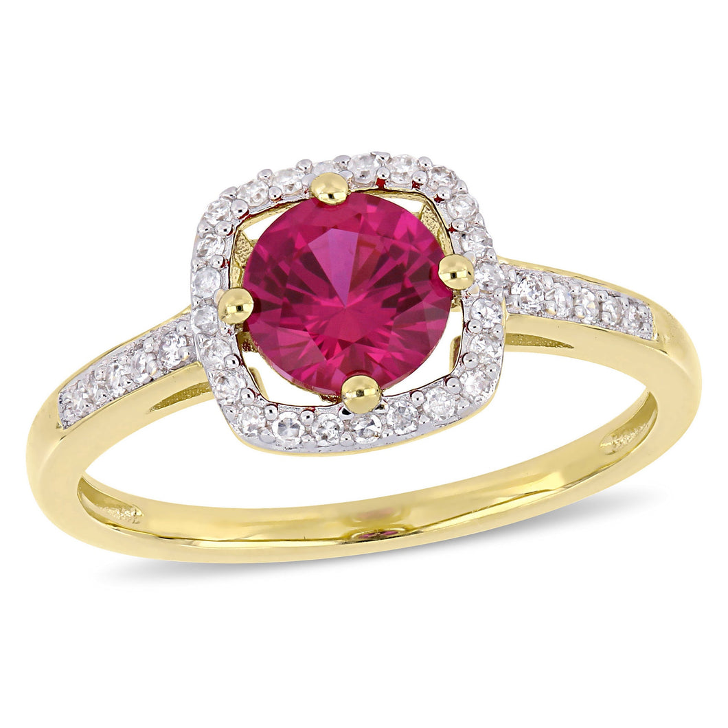 Created Ruby and 1/6ctw Diamond Floating Square Halo Yellow Gold Ring - Size 7