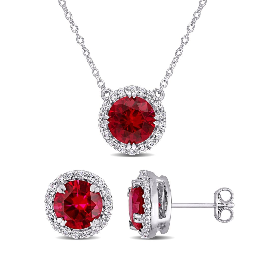 Created Ruby and Created White Sapphire Halo Sterling Silver Necklace and Earrings Gift Set