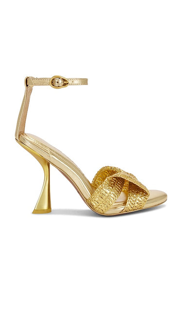 Cult Gaia Zephyr Sandal in Metallic Gold, yellow | Brass Heeled Sandals for Women