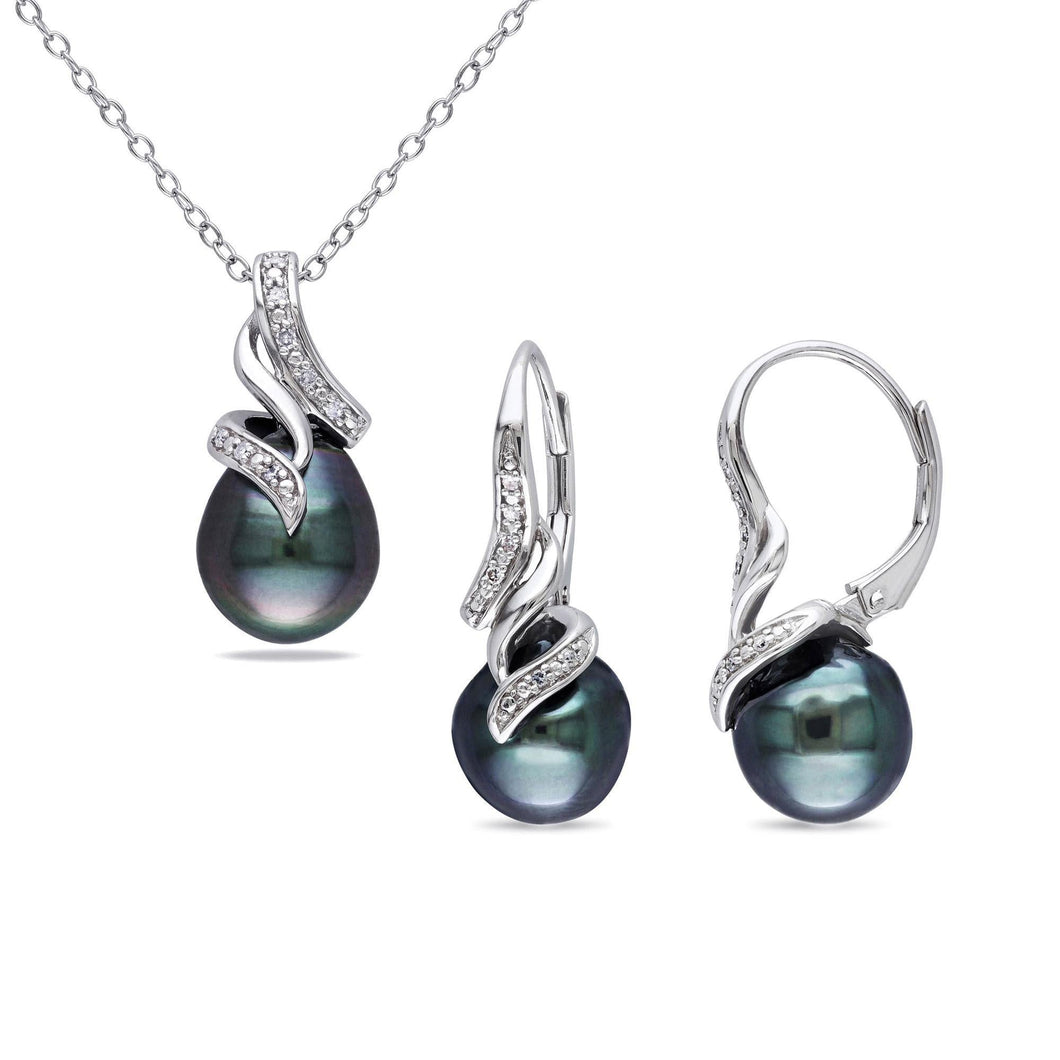 Cultured Black Tahitian Pearl and Diamond Swirl Pendant and Earrings Gift Set 1/10ctw