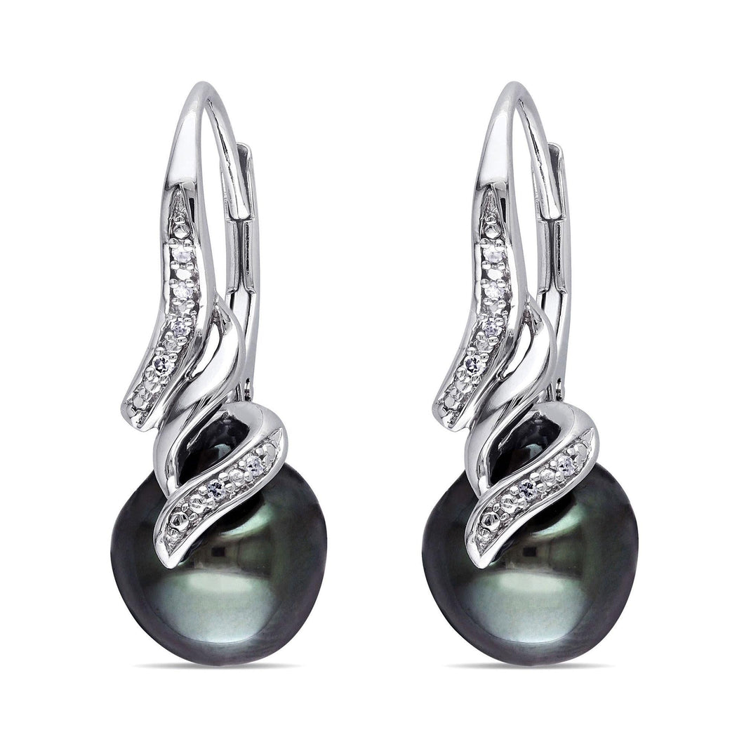 Cultured Black Tahitian Pearl and Diamond Twist Sterling Silver Leverback Earrings 1/20ctw