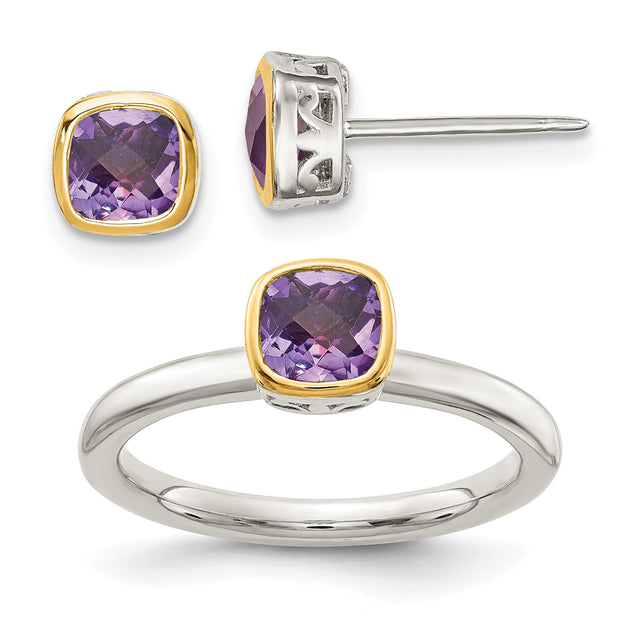 Cushion Amethyst Two-Tone Yellow Gold and Sterling Silver Stud Earring and Ring Set | Size 7