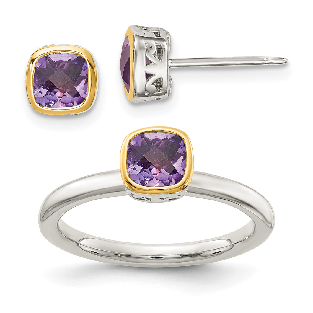 Cushion Amethyst Two-Tone Yellow Gold and Sterling Silver Stud Earring and Ring Set | Size 7