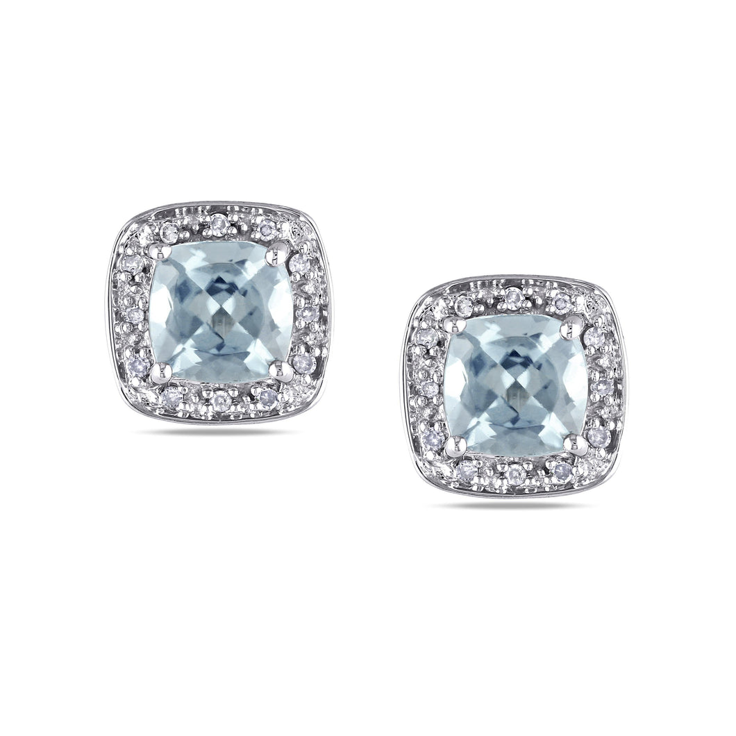 Cushion Aquamarine and Diamond Halo Stud Earrings