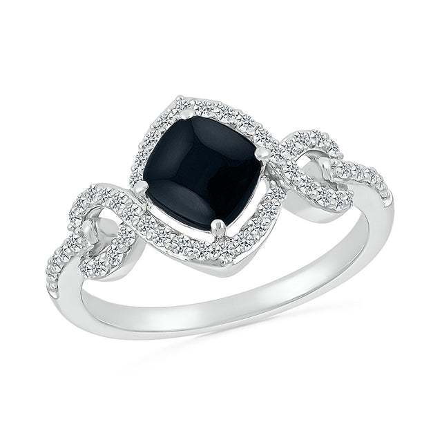 Cushion Black Onyx and 1/4ctw Diamond Halo Sterling Silver Ring - Size 6.5