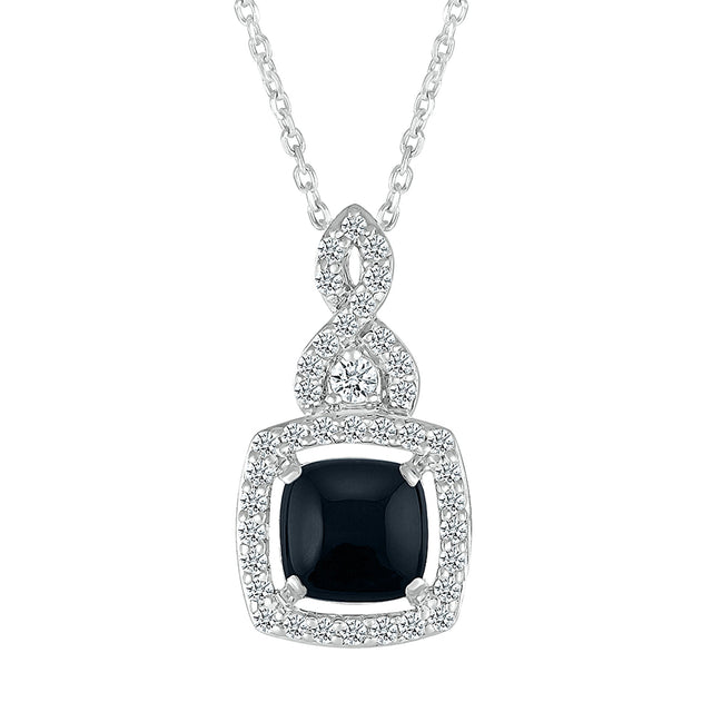 Cushion Black Onyx and 1/4ctw Diamond Halo White Gold Pendant Necklace