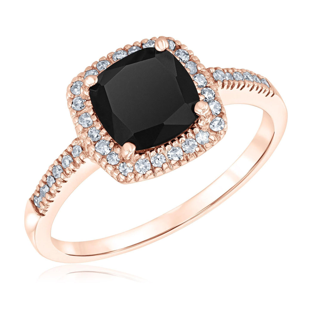 Cushion Black Onyx and 1/5ctw Diamond Halo Rose Gold Ring
