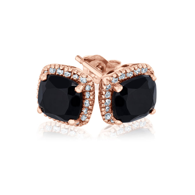 Cushion Black Onyx and 1/6ctw Diamond Halo Rose Gold Stud Earrings