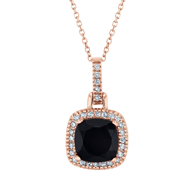 Cushion Black Onyx and 1/7ctw Diamond Halo Rose Gold Pendant Necklace
