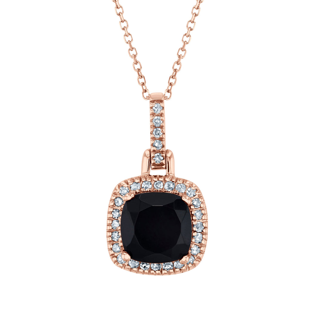Cushion Black Onyx and 1/7ctw Diamond Halo Rose Gold Pendant Necklace